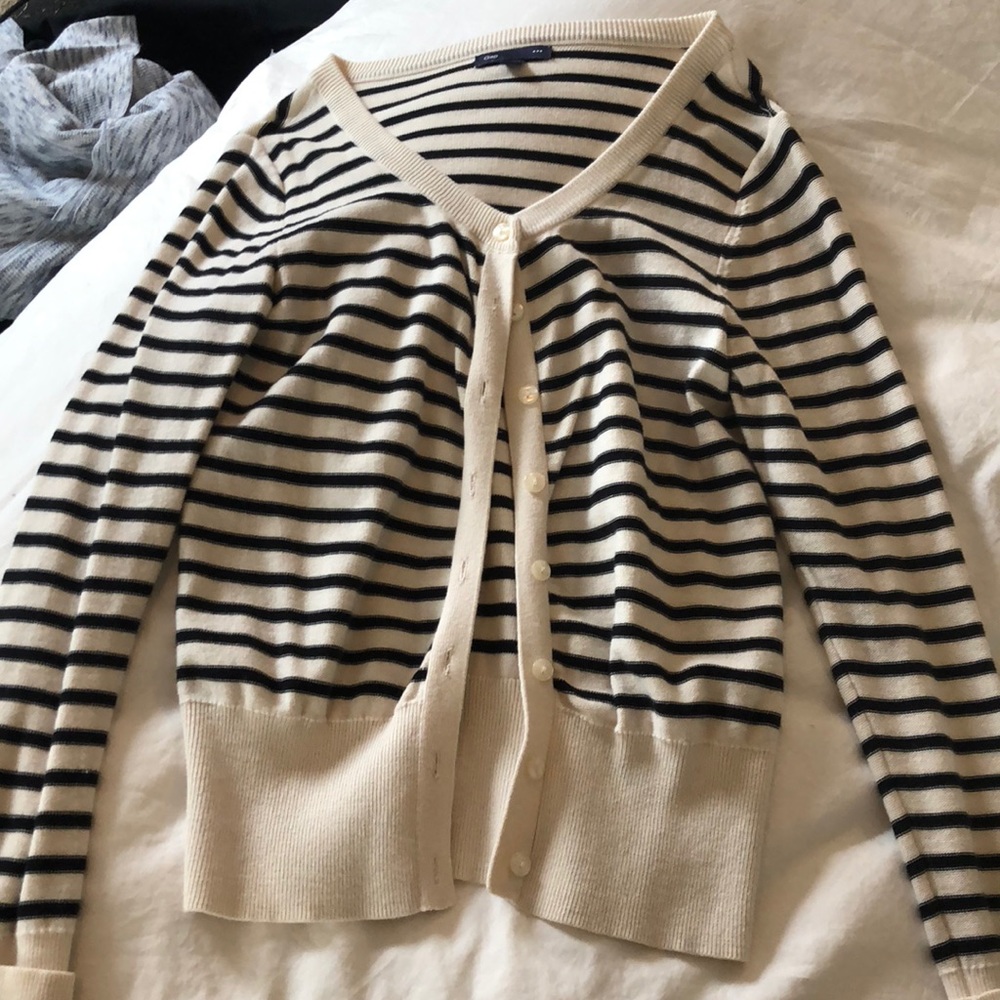 GAP Cream and Black Striped Button-Up Cardigan